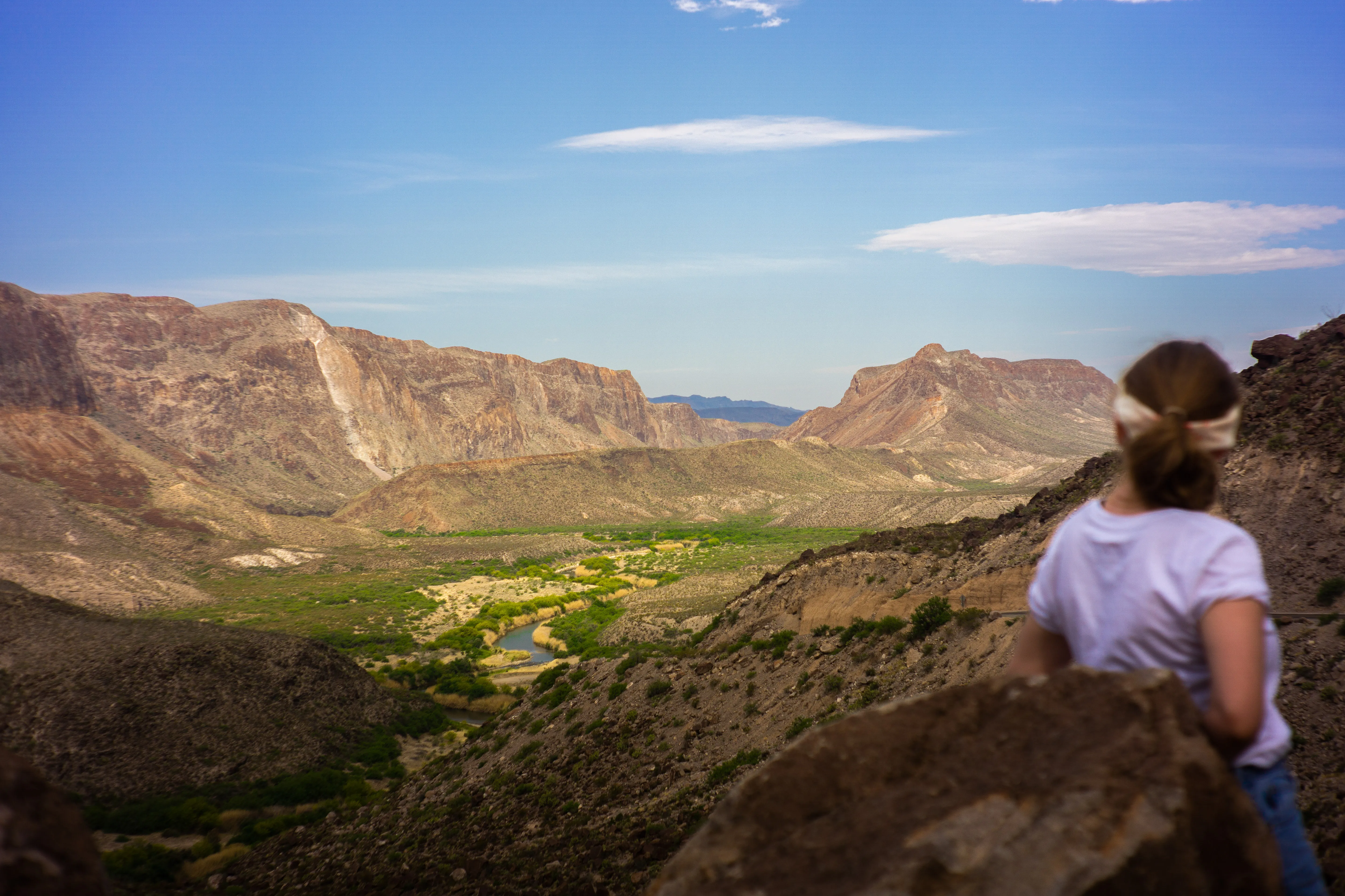 A woman leaning on a rock looking down into a green valley.