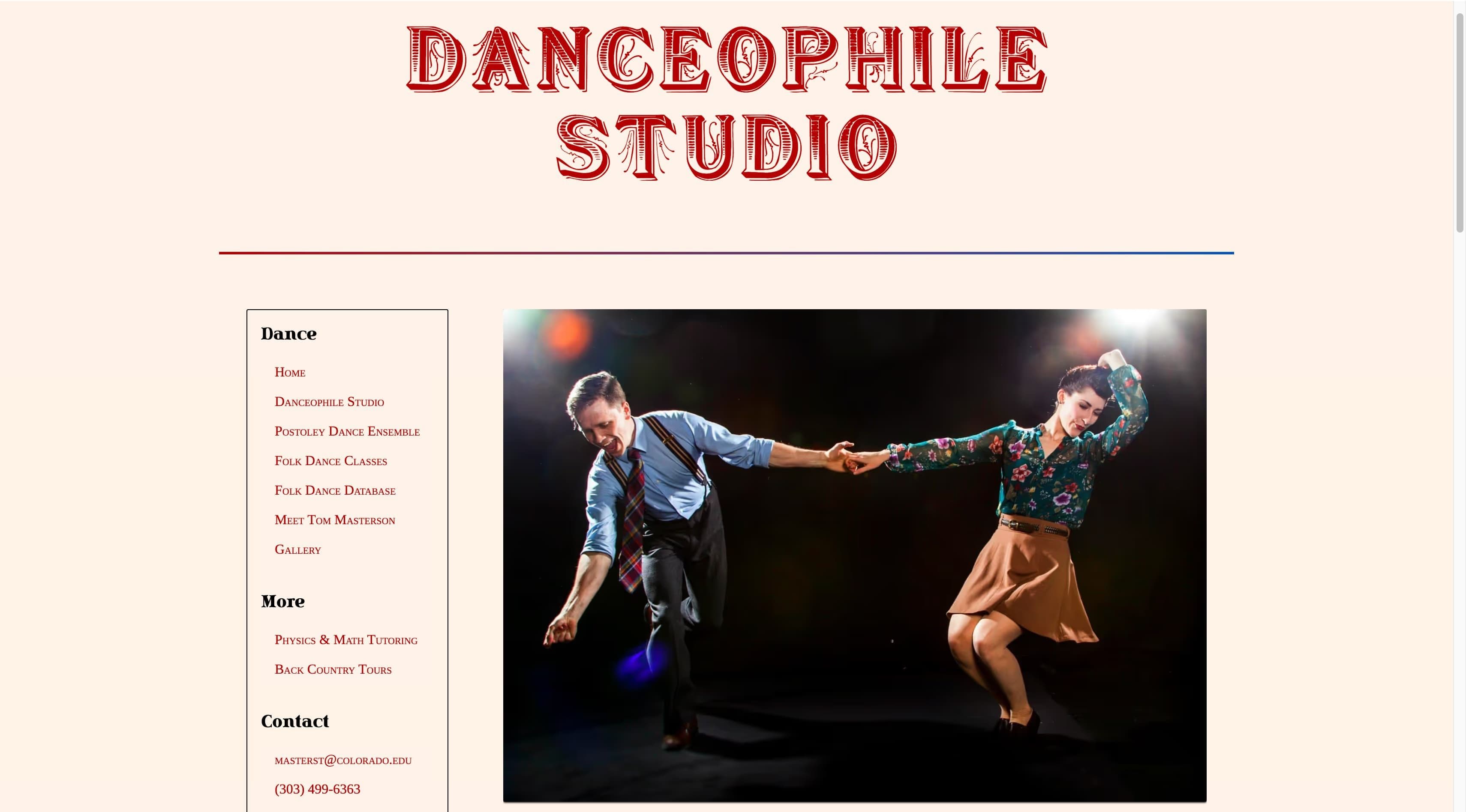 A screenshot of the Danceophile Studio homepage.