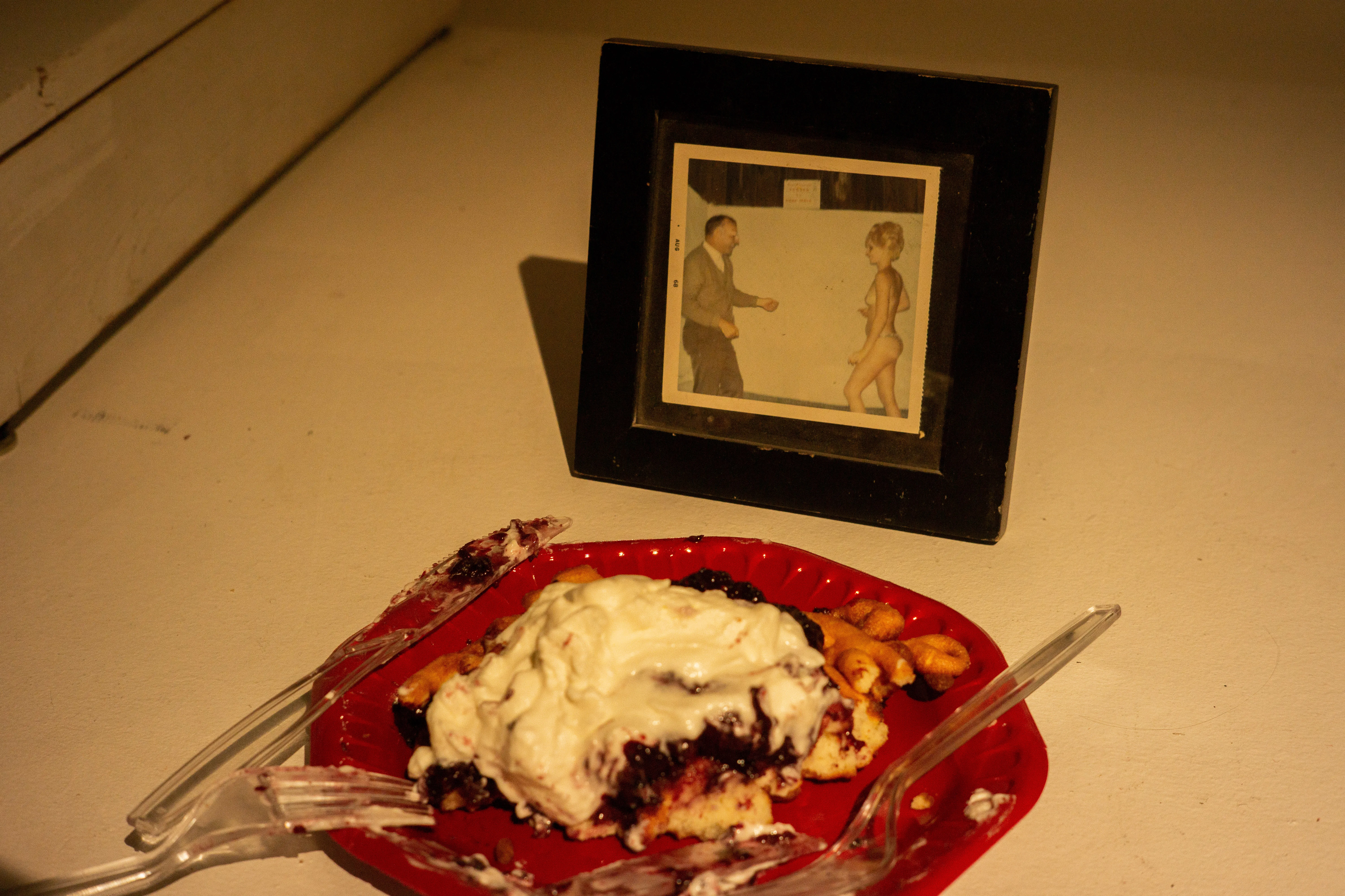 A vintage polaroid with a plate of half-eaten funnel cake in front of it.