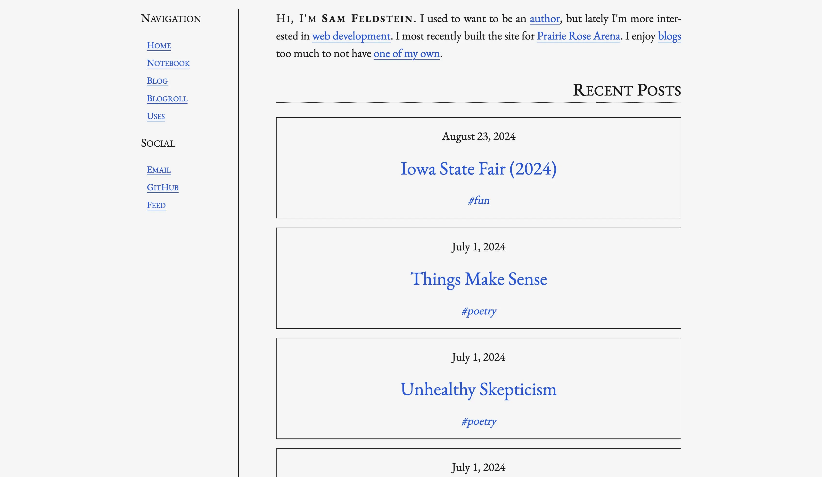 A screenshot of the homepage of Sam Feldstein's personal website.