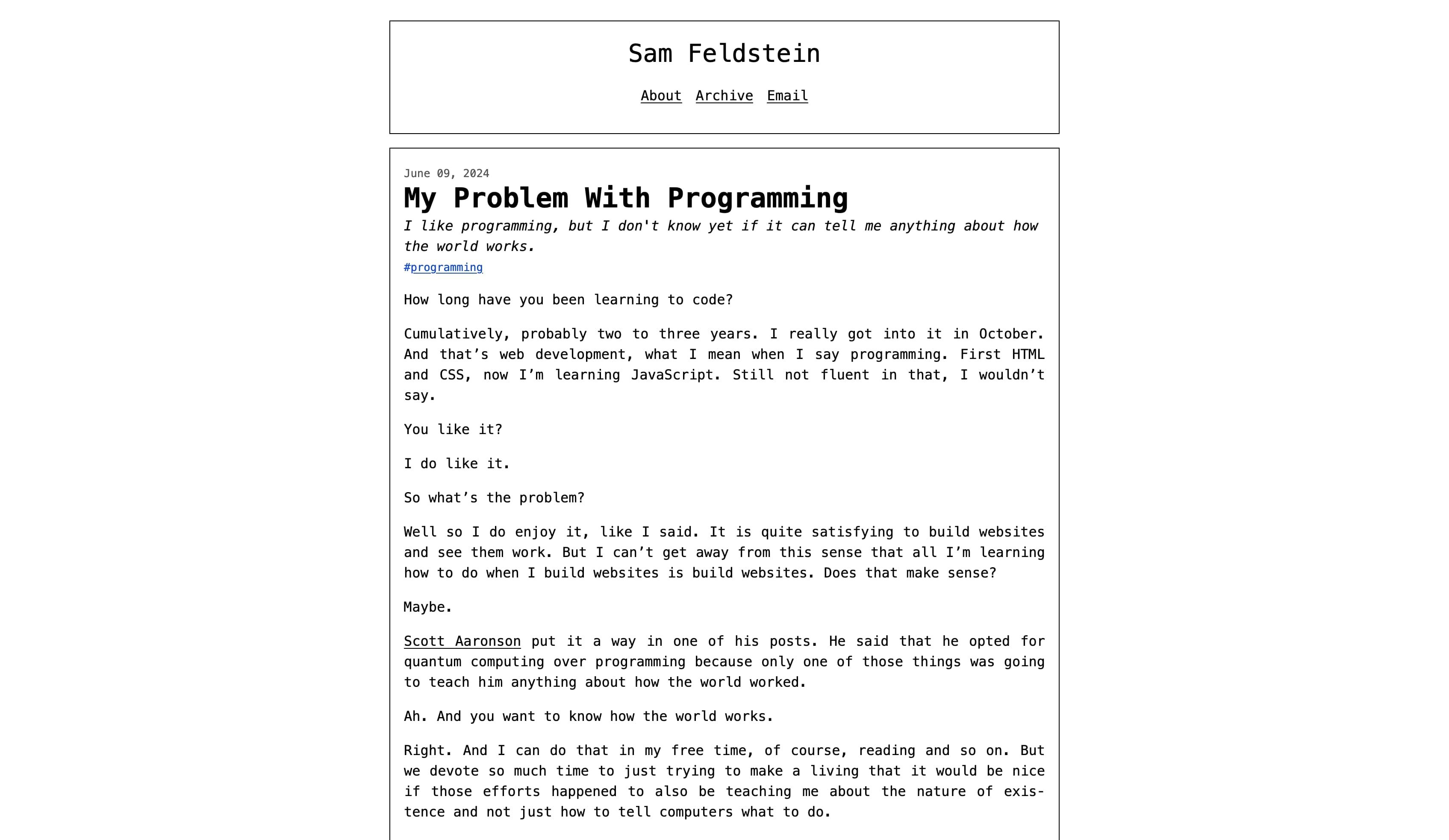 A screenshot of the homepage of an archived version of Sam Feldstein's personal website.