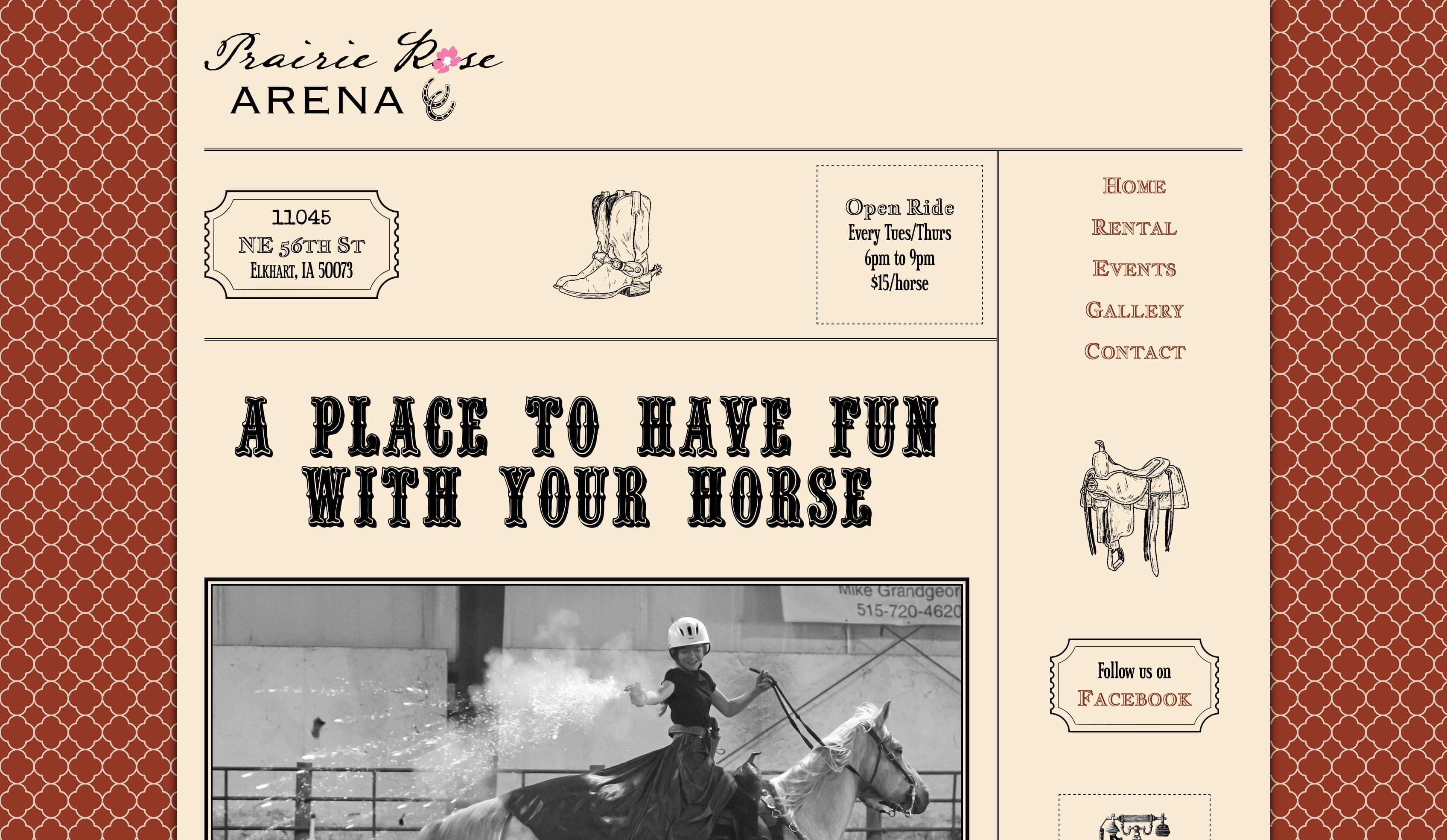 A screenshot of the Prairie Rose Arena website homepage.